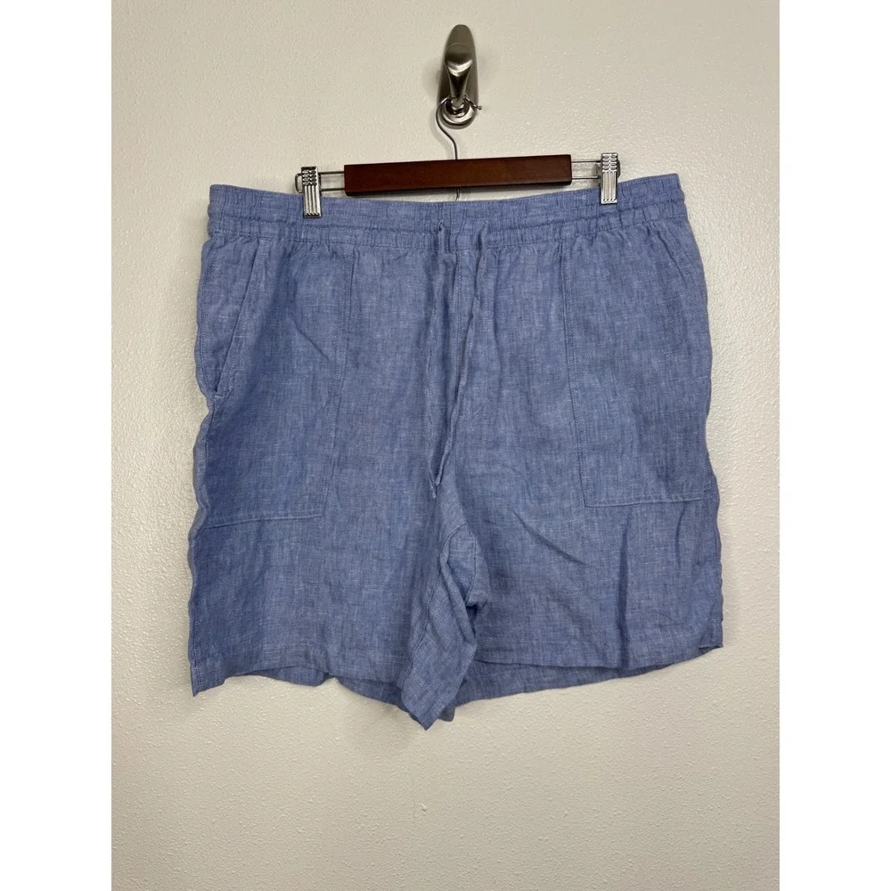Lands End Womens XL 18 Blue 100% Linen High Rise Drawstring Elastic Waist Shorts